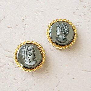 Vintage 1980s Hematite Intaglio Cameo Clip-On Earrings